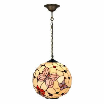Ronde-Tiffany hanglamp-beige-met-vlinders-glas-in-lood