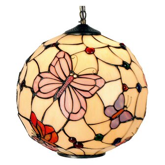 Ronde-Tiffany hanglamp-beige-met-vlinders-glas-in-lood-1