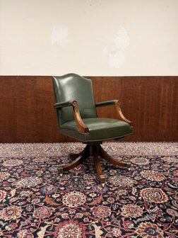 Klassiek-Engels-Antiek-Oud-Chesterfield-Bureaustoel-President-Chair-Groen-Leder