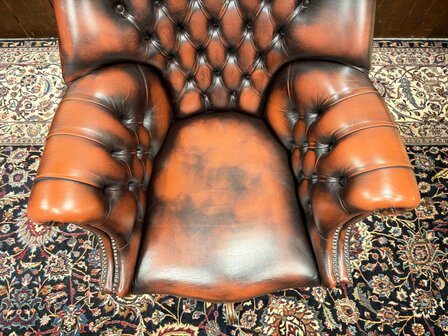 Klassiek-Engels-Antiek-Oud-Springvale-Chesterfield-Bureaustoel-Director-Chair-Oxblood-Leder