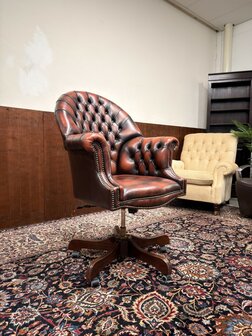 Klassiek-Engels-Antiek-Oud-Springvale-Chesterfield-Bureaustoel-Director-Chair-Oxblood-Leder