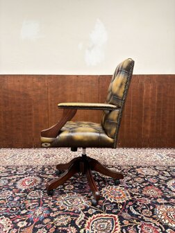 Klassiek-Engels-Oud-Antiek-Nieuw-Nieuwe-Chesterfield-Bureaustoel-President-Chair-Geel-Leder