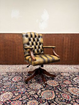 Klassiek-Engels-Oud-Antiek-Nieuw-Nieuwe-Chesterfield-Bureaustoel-President-Chair-Geel-Leder