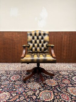 Klassiek-Engels-Oud-Antiek-Nieuw-Nieuwe-Chesterfield-Bureaustoel-President-Chair-Geel-Leder