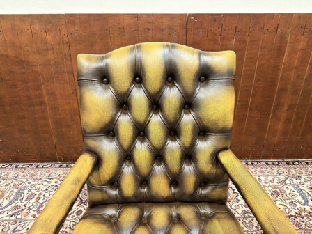 Klassiek-Engels-Oud-Antiek-Nieuw-Nieuwe-Chesterfield-Bureaustoel-President-Chair-Geel-Leder