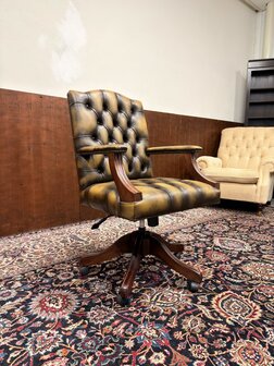 Klassiek-Engels-Oud-Antiek-Nieuw-Nieuwe-Chesterfield-Bureaustoel-President-Chair-Geel-Leder