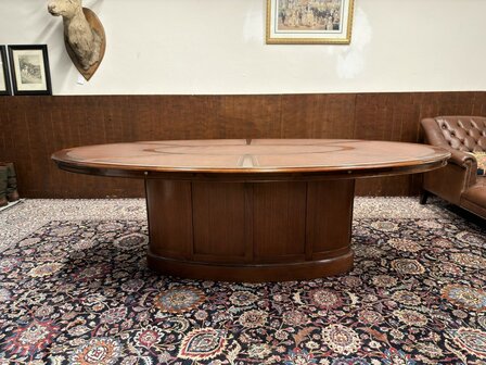 Klassiek-Oud-Antiek-Engels-Chesterfield-Globe-Wernicke-Vergadertafel-Conferentietafel-Tafel-met-Bruin-Lederen-Inleg