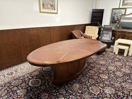Klassiek-Oud-Antiek-Engels-Chesterfield-Globe-Wernicke-Vergadertafel-Conferentietafel-Tafel-met-Bruin-Lederen-Inleg