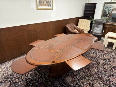 Klassiek-Oud-Antiek-Engels-Chesterfield-Globe-Wernicke-Vergadertafel-Conferentietafel-Tafel-met-Bruin-Lederen-Inleg
