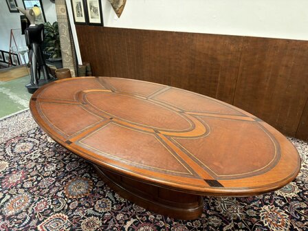 Klassiek-Oud-Antiek-Engels-Chesterfield-Globe-Wernicke-Vergadertafel-Conferentietafel-Tafel-met-Bruin-Lederen-Inleg