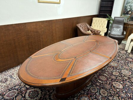 Klassiek-Oud-Antiek-Engels-Chesterfield-Globe-Wernicke-Vergadertafel-Conferentietafel-Tafel-met-Bruin-Lederen-Inleg