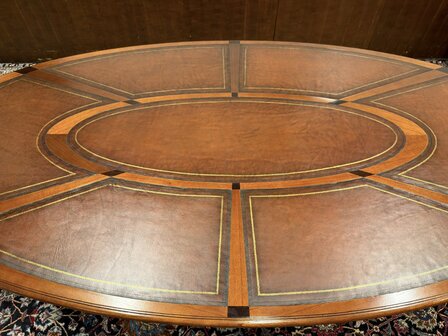 Klassiek-Oud-Antiek-Engels-Chesterfield-Globe-Wernicke-Vergadertafel-Conferentietafel-Tafel-met-Bruin-Lederen-Inleg