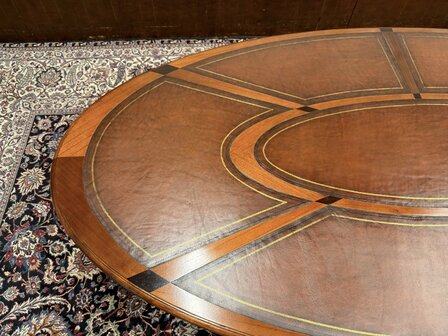 Klassiek-Oud-Antiek-Engels-Chesterfield-Globe-Wernicke-Vergadertafel-Conferentietafel-Tafel-met-Bruin-Lederen-Inleg