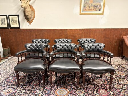Klassiek-Oud-Antiek-Engels-Springvale-Chesterfield-Zwart-Lederen-Bureaustoel-Stoel-Captain-Chair