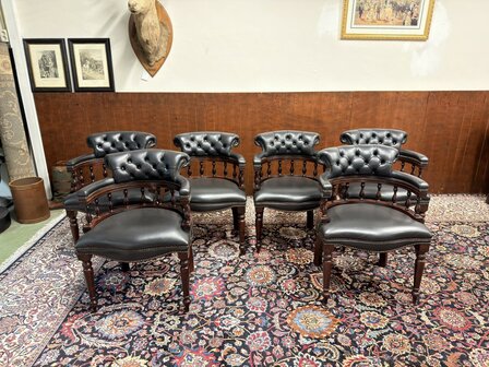 Klassiek-Oud-Antiek-Engels-Springvale-Chesterfield-Zwart-Lederen-Bureaustoel-Stoel-Captain-Chair