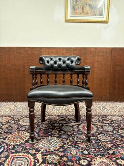 Klassiek-Oud-Antiek-Engels-Springvale-Chesterfield-Zwart-Lederen-Bureaustoel-Stoel-Captain-Chair