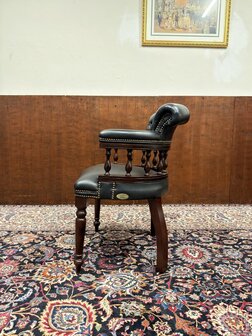 Klassiek-Oud-Antiek-Engels-Springvale-Chesterfield-Zwart-Lederen-Bureaustoel-Stoel-Captain-Chair