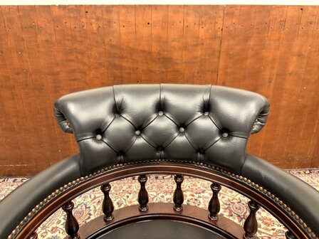 Klassiek-Oud-Antiek-Engels-Springvale-Chesterfield-Zwart-Lederen-Bureaustoel-Stoel-Captain-Chair