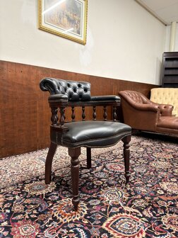 Klassiek-Oud-Antiek-Engels-Springvale-Chesterfield-Zwart-Lederen-Bureaustoel-Stoel-Captain-Chair