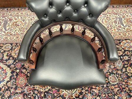 Klassiek-Oud-Antiek-Engels-Springvale-Chesterfield-Zwart-Lederen-Bureaustoel-Stoel-Captain-Chair