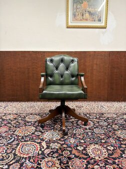 Klassiek-Oud-Antiek-Engels-Chesterfield-Bureaustoel-President-Chair-Groen-Leder
