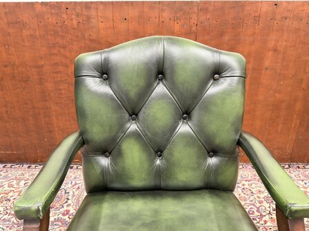 Klassiek-Oud-Antiek-Engels-Chesterfield-Bureaustoel-President-Chair-Groen-Leder