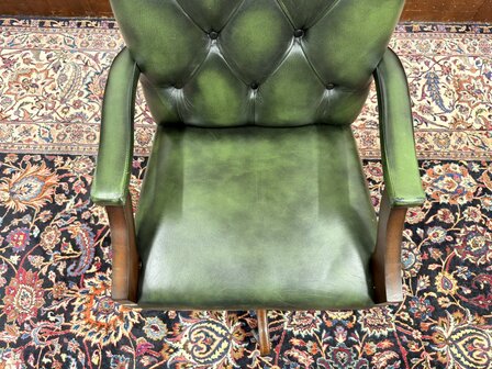 Klassiek-Oud-Antiek-Engels-Chesterfield-Bureaustoel-President-Chair-Groen-Leder