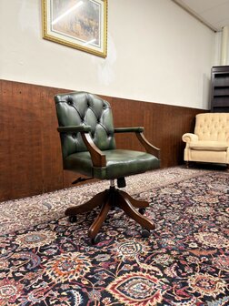 Klassiek-Oud-Antiek-Engels-Chesterfield-Bureaustoel-President-Chair-Groen-Leder