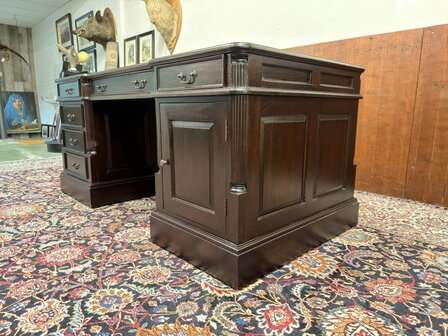 Engels-Klassiek-Oud-Antiek-Chesterfield-Bureau-Desk-Partnerdesk-Met-Groen-Olijf-Olijfgroen-Lederen-Inleg