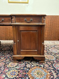 Engels-Klassiek-Antiek-Oud-Chesterfield-Bureau-Desk-Partnerdesk-Met-Groen-Olijf-Olijfgroen-Lederen-Inleg