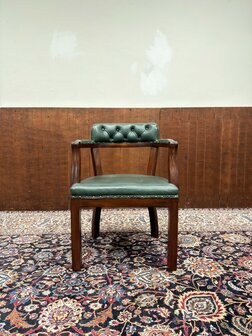 Klassiek-Oud-Antiek-Engels-Chesterfield-GroenLederen-Bureaustoel-Stoel-Chair