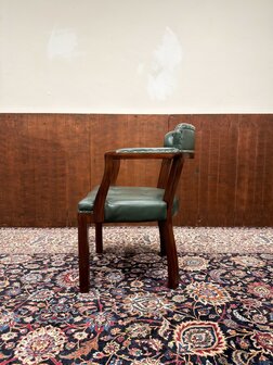 Klassiek-Oud-Antiek-Engels-Chesterfield-GroenLederen-Bureaustoel-Stoel-Chair