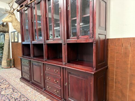 Klassiek-Oud-Antiek-Engels-Chesterfield-Mahoniehout-Mahonie-Boekenkast-Bibliotheekkast-met-Ladder