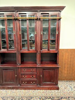 Klassiek-Oud-Antiek-Engels-Chesterfield-Mahoniehout-Mahonie-Boekenkast-Bibliotheekkast-met-Ladder
