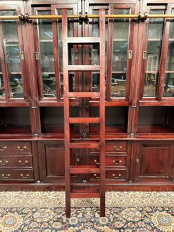 Klassiek-Oud-Antiek-Engels-Chesterfield-Mahoniehout-Mahonie-Boekenkast-Bibliotheekkast-met-Ladder