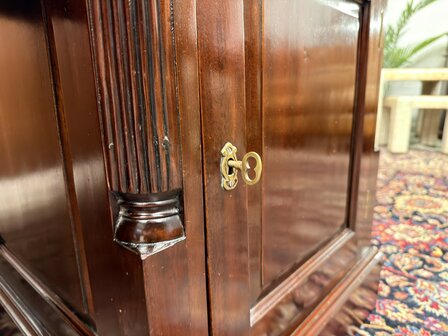 Klassiek-Antiek-Engels-Oud-Chesterfield-Mahonie-Bureau-Desk-Partnerdesk-met-Groen-Leder-Ingelegd