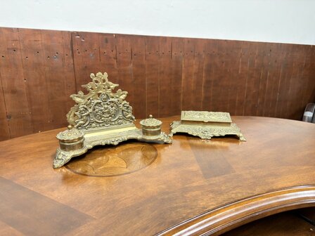 Klassiek-Engels-Antiek-Oud-Messing-Inktstel-met-Briefhouder-en-Postzegel-Kist