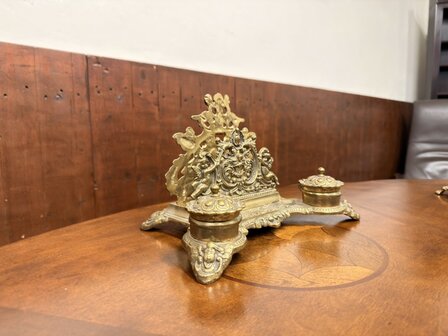 Klassiek-Engels-Antiek-Oud-Messing-Inktstel-met-Briefhouder-en-Postzegel-Kist