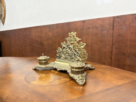 Klassiek-Engels-Antiek-Oud-Messing-Inktstel-met-Briefhouder-en-Postzegel-Kist