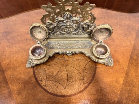 Klassiek-Engels-Antiek-Oud-Messing-Inktstel-met-Briefhouder-en-Postzegel-Kist