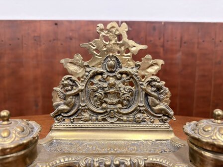 Klassiek-Engels-Antiek-Oud-Messing-Inktstel-met-Briefhouder-en-Postzegel-Kist