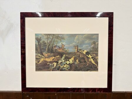 Klassiek-Oud-Antiek-Engels-Prent-met-Wortelnotenhout-Lijst