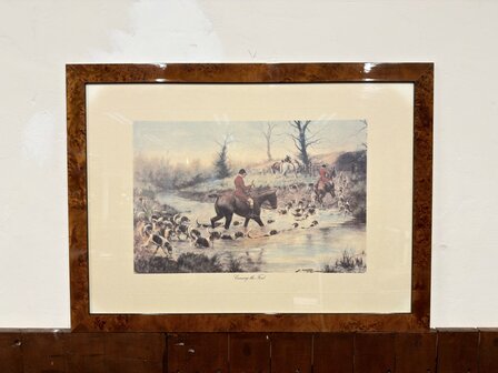 Klassiek-Oud-Antiek-Engels-Prent-Crossing-The-Ford-met-Wortelnotenhout-Lijst