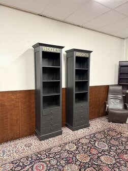 Klassiek-Engels-Antiek-Oud-Chesterfield-Teak-Boekenkast-Kast-Zwart