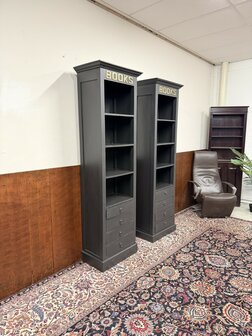 Klassiek-Engels-Antiek-Oud-Chesterfield-Teak-Boekenkast-Kast-Zwart