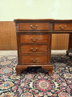 Klassiek-Engels-Oud-Antiek-Chesterfield-Vintage-Bureau-Partnerdesk-Desk-met-Groen-Leder-Ingelegd