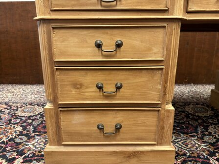 Klassiek-Engels-Antiek-Oud-Chesterfield-Vintage-Bureau-Desk-Teakhout-met-Bruin-Leder-Ingelegd