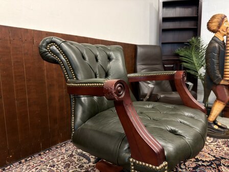 Klassiek-Oud-Antiek-Engels-Antiek-Vintage-Chesterfield-Bureaustoel-President-Chair-Groen-Leder
