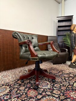 Klassiek-Oud-Antiek-Engels-Antiek-Vintage-Chesterfield-Bureaustoel-President-Chair-Groen-Leder