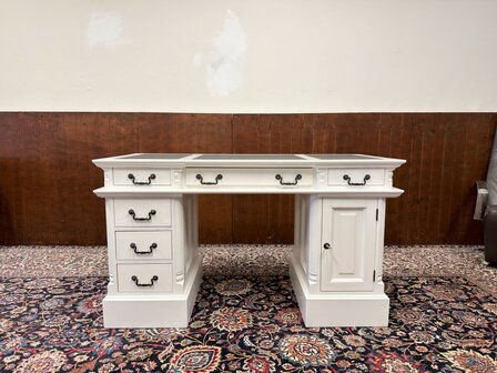 Klassiek-Oud-Antiek-Engels-Antiek-Vintage-Chesterfield-Wit-Bureau-Desk-Partnerdesk-Zwart-Leder
